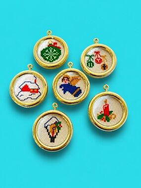 Vintage Handcrafted Cross Stitch Framed Christmas Ornament Lot of 6